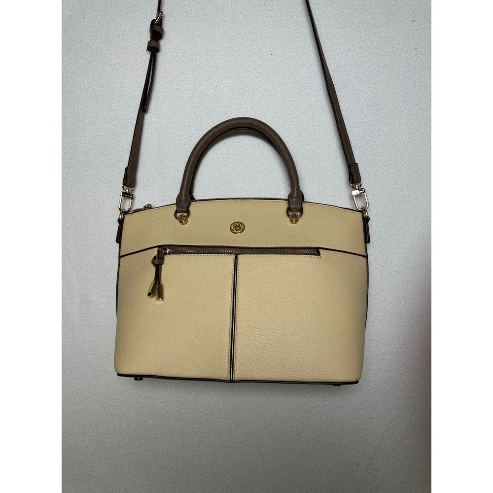 Anne Klein Two Tone Pebbled Satchel Crossbody Bag Beige Taupe Gold Tone NWOT